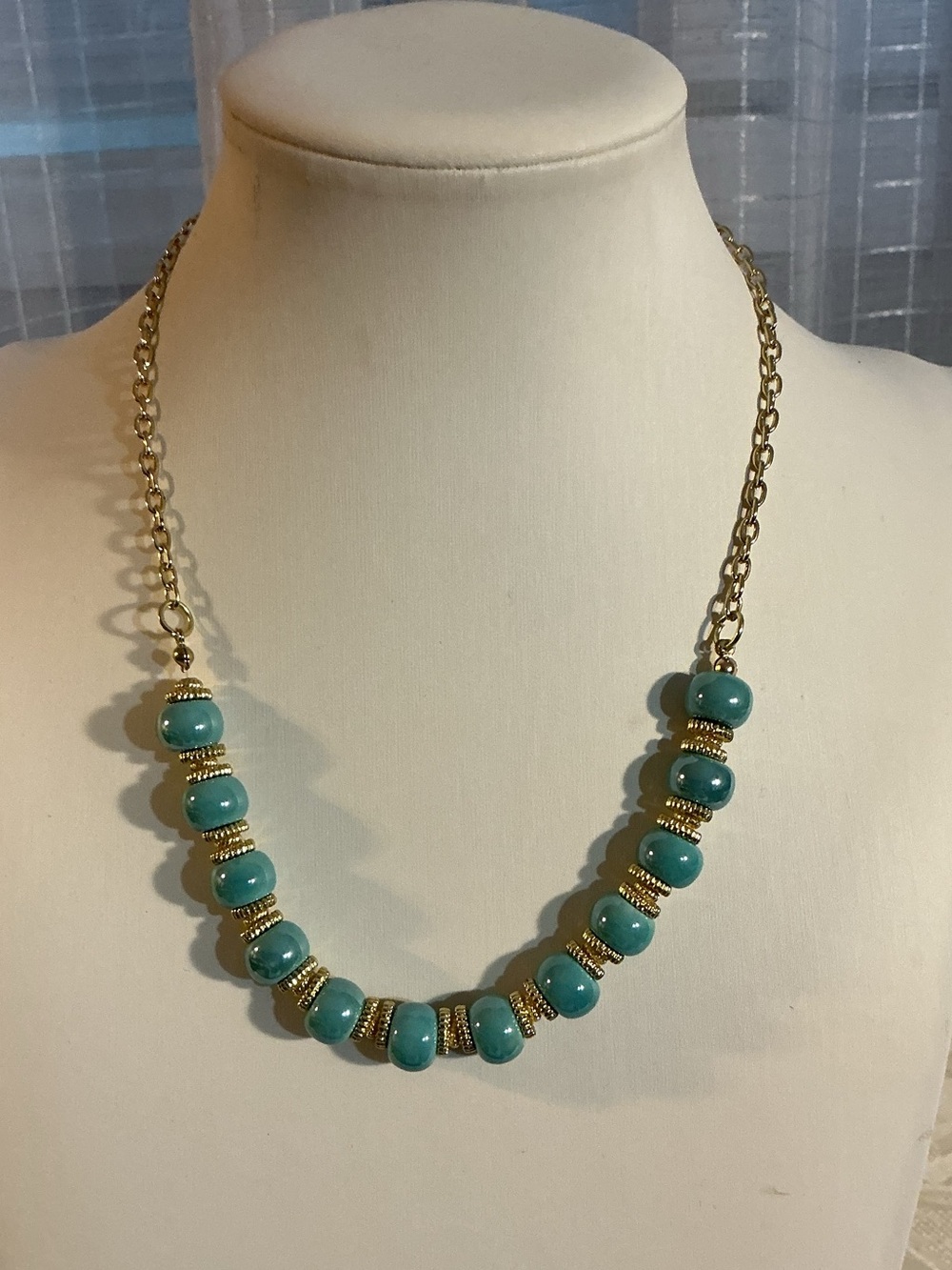 Mint Green Glass Bead Station Collar Gold Tone Necklace